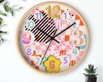 Party Time Wall Clock, Modern Art Wall Clock for Teens Room Kids Room Office Homeschooling Room, Colorful Artsy Wavy Checkered Clock, Pink