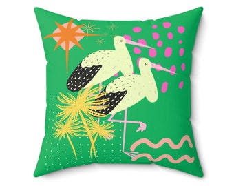 Modern Egret Pillow, Artsy Bird Pillow for Living Room, Sizes 14x14 16x16 18x18 20x20, Colorful Animal Square Pillow, Electic Bright Pillow