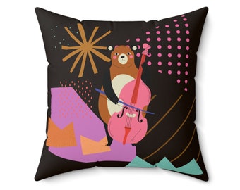 Modern Animal Pillow, Kids Pillow, Modern Pillow, Cute Animal Pillow, Kids Room Decor, Artsy Pillow, Bear Home Decor, Bear Playing Cello