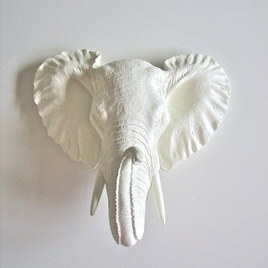 Faux Taxidemy Small Elephant Wall Hanging in white: Pinda the elephant