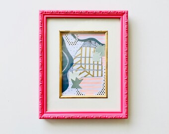 Collage + Upcycled Frame, Art in Frame, Painted Frame, Pink Frame, Gift for Her, Collage Art, OOAK Art, Igloo, Pink Gold decor,Desktop decor
