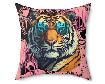 Modernes Tigerkissen, Tiger mit Sonnenbrille, Dschungelkissendekor, lustiges Tierdekor, Housewarming Geschenk, modernes Tierkissen, Tigerdekor