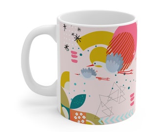 Flying Herons Ceramic Mug 11 oz., Graphic Bird Coffee Cup, Modern Mug for Office,Mug with Light Pink Teal Mustard and Birds, Modern Kids Mug