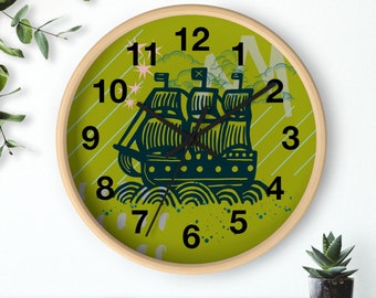 Modern Wall Clock, Clock with Old Ship, Chartreuse Green Wall Decor Clock, Kids Room Clock Wall Decor, Clock for Office, Silent Clock, Gift