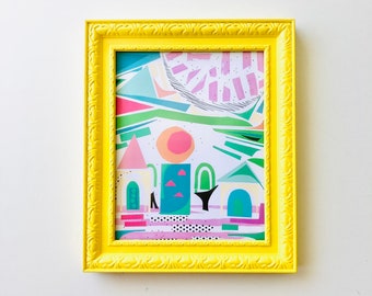 Collage + Upcycled Frame, Paper Collage, 8 x 10 Art Print, Kids Wall Decor, Yellow Frame, Wall Art, Modern Art, Vintage Frame,  Wall Decor,