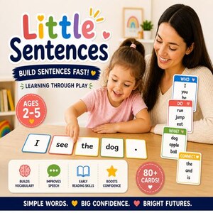 Puede incluir: Set de tarjetas educativas Little Sentences para edades de 2 a 5 años, con tarjetas coloridas que muestran palabras como I, see, the, dog y un punto. El set incluye más de 80 tarjetas para desarrollar el vocabulario y las habilidades lectoras.