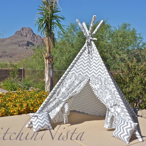 Storm Grey Chevron/Damask TeePee (Custom, Made to Order) - Fort Tent Indoor Outdoor Play Photo Prop Tee Pee Playhouse