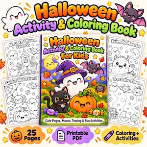 Puede incluir: Un libro de actividades y colorear de Halloween para niños con una ilustración de portada de un fantasma con sombrero morado, un gato negro y una calabaza. Cuatro páginas de actividades en blanco y negro rodean el libro, con texto como 25 Pages.