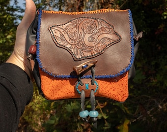 Snake and Flora | Handmade Large Belt Pouch | Foraging, Trinket, LARP, Cosplay & Renaissance, Fantasy Faire | Orange, Blue Suede + Leather