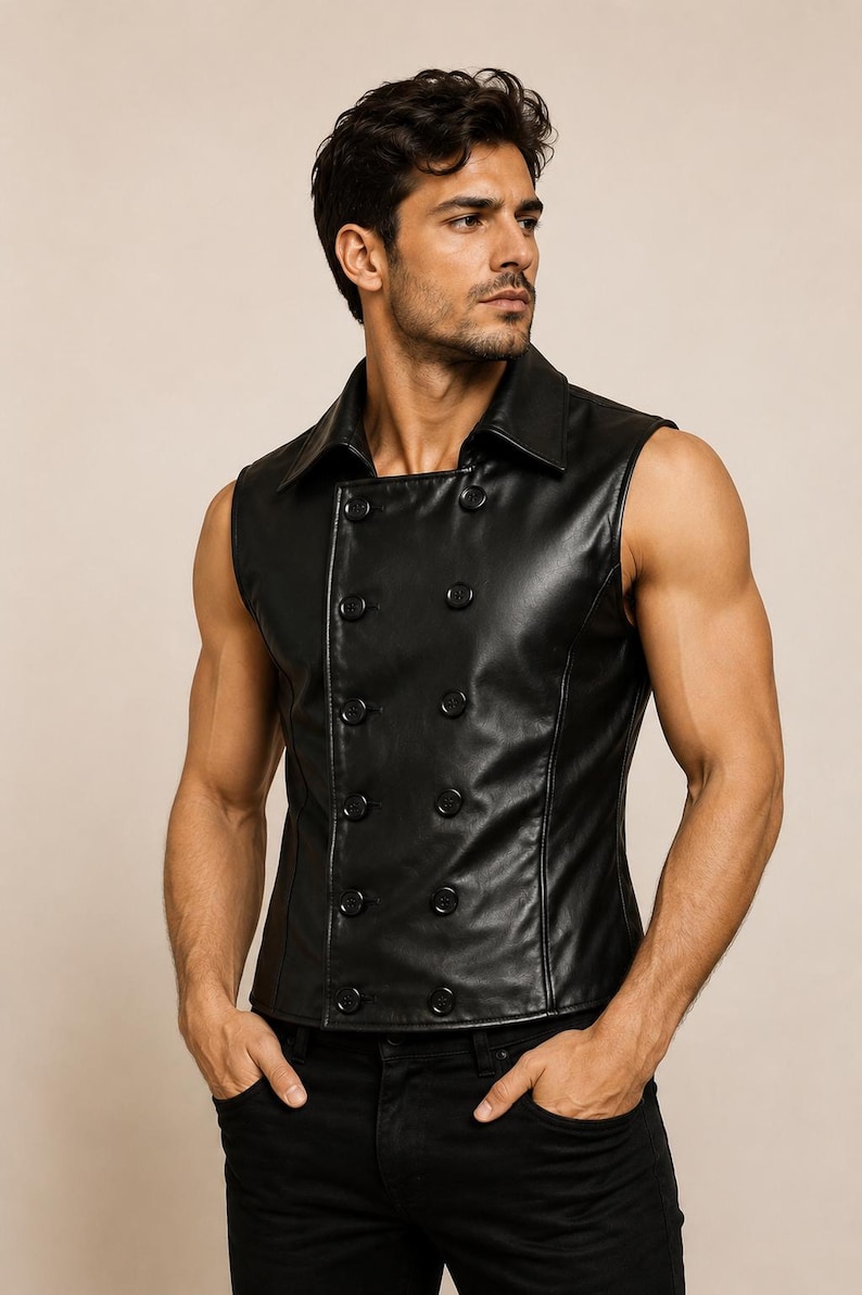 May include: A black sleeveless vest made of a smooth material with a wide collar and a double-breasted front featuring ten round black buttons arranged in two vertical columns. The garment has a tailored fit and a straight hemline at the waist.