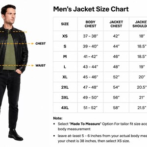 May include: A size chart for a jacket featuring a table with columns for size, body chest, jacket chest, shoulder, and sleeves in inches. The chart includes sizes from XS to 4XL and provides instructions for selecting a made to measure option.