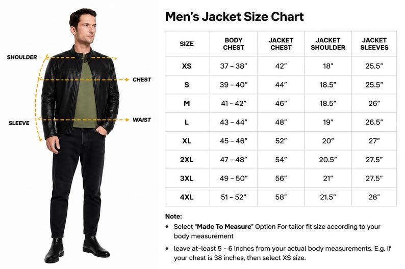 May include: A size chart for a jacket featuring a table with columns for size, body chest, jacket chest, shoulder, and sleeves in inches. The chart includes sizes from XS to 4XL and provides instructions for selecting a made to measure option.
