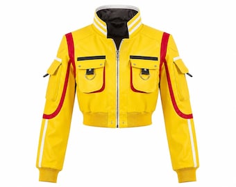 Cindy Aurum Cosplay Jacket, Yellow Mechanic Game Costume, Faux Leather Crop Outfit