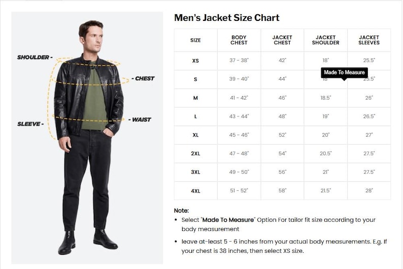 May include: A jacket size chart featuring a table with columns for body chest, jacket chest, shoulder, and sleeves measurements in inches. The chart includes sizes from XS to 4XL and a note about selecting the Made To Measure option.