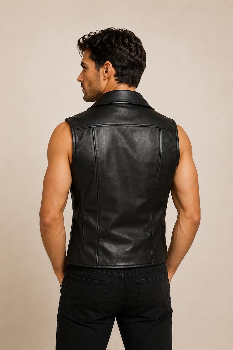 May include: A black sleeveless leather vest featuring a wide collar, vertical seam detailing on the back, and a fitted silhouette. The garment is constructed with a smooth finish and is worn over black pants, showcasing a clean and structured design.