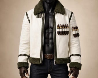 Smoker Marine Leather Jacket | Men’s Anime Cosplay Coat | White Shearling Bomber Jacket
