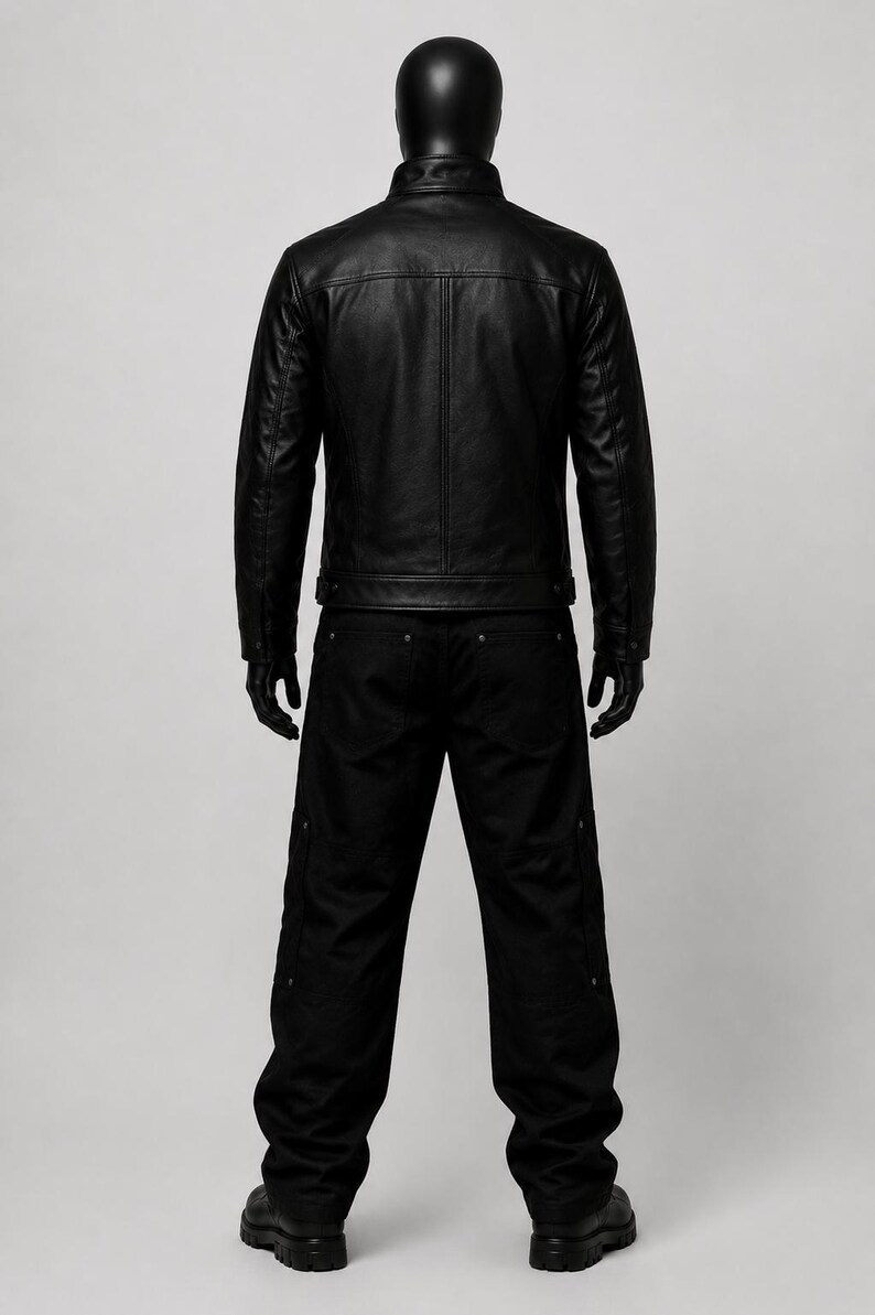 May include: A black leather jacket with a high collar and vertical seam detailing on the back, paired with black trousers featuring side pockets and metallic rivets. The outfit is displayed on a black mannequin against a neutral background.
