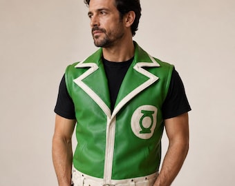 Green Lantern Corps Leather Vest | Guy Gardner Superhero Costume | Men’s Cosplay Halloween Outfit