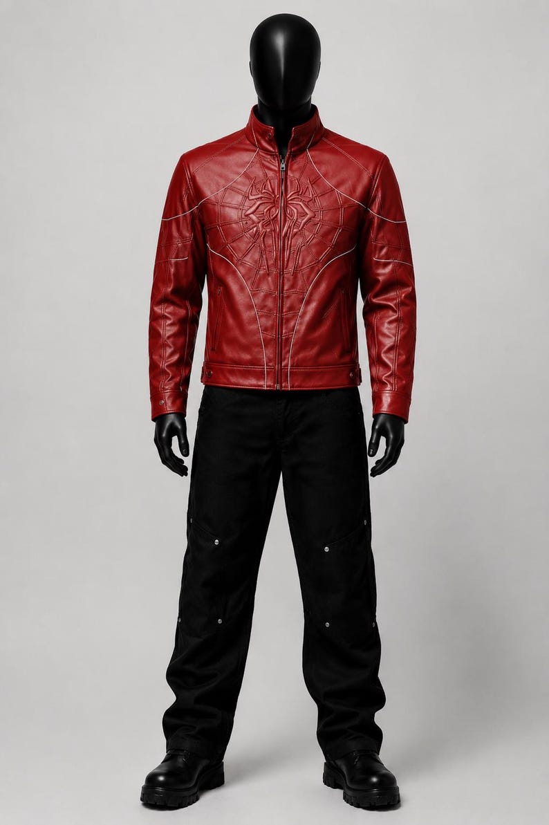 May include: A red leather jacket featuring a raised spider web design on the chest and white piping details, paired with black trousers that have silver metal rivets along the legs and black boots, displayed on a full-body mannequin.