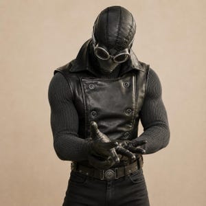 May include: A black leather-look vest with a double-breasted button front, worn over a dark ribbed long-sleeve shirt. The outfit includes a matching leather-look hood with integrated goggles, black gloves, and a belt featuring a circular emblem buckle.