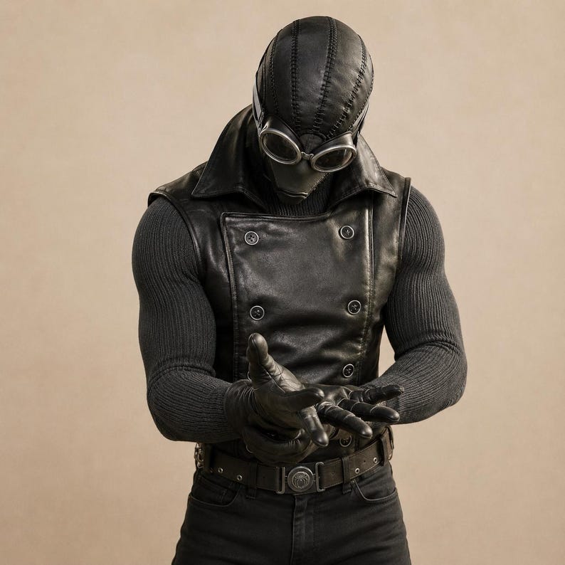 May include: A black leather-look vest with a double-breasted button front, worn over a dark ribbed long-sleeve shirt. The outfit includes a matching leather-look hood with integrated goggles, black gloves, and a belt featuring a circular emblem buckle.