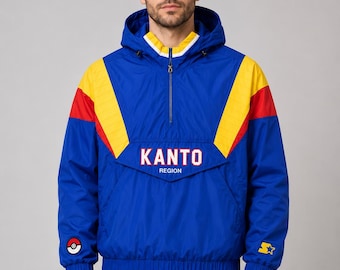 Pokémon Kanto Inspired Blue Windbreaker Jacket, Retro Anime Pullover Jacket, Gamer Streetwear, Cosplay Costume, Gift for Anime Fans