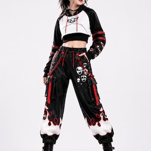Set med korta hoodies och cargobyxor för kvinnor | Y2K-outfit | Harajuku Goth Grunge E-Girl Wear