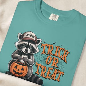 Puede incluir: Una camiseta color verde azulado con el gráfico de un mapache que lleva una gorra con la palabra SPOOKY. El mapache sostiene un cubo de calabaza naranja. Junto al mapache hay una telaraña y el texto naranja TRICK OR TREAT en la camiseta.