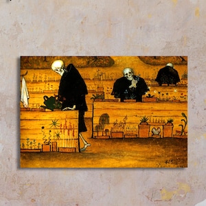 May include: A rectangular canvas wall art print featuring a golden-toned illustration of three skeletal figures in black robes tending to a garden with various potted plants and wooden planters, displayed as a gallery wrap on a textured wall.