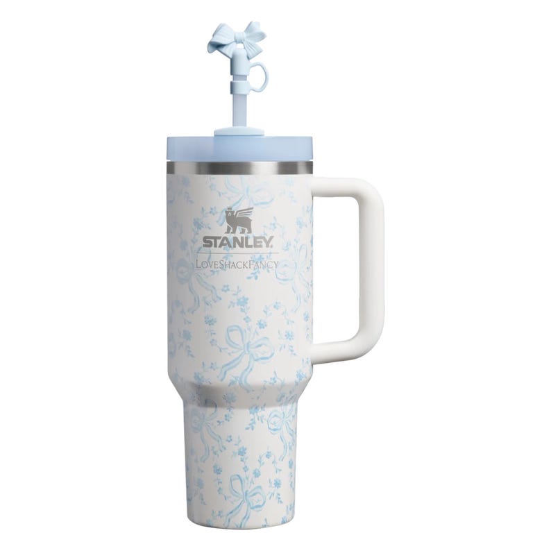Floral bow tumbler with handle, Stanley style insulated travel mug with feminine floral and ribbon design.