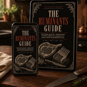 May include: A digital guide titled The Ruminants Guide displayed on a smartphone and a tablet screen. The cover features an illustration of raw meat cuts and a knife. Text includes Beef & lamb, cut by cut, 38 profiles, and 2 hyperlinked PDFs.
