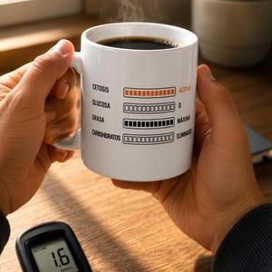 Pode incluir: Uma caneca de cerâmica branca cheia de uma bebida quente escura, com um gráfico impresso de quatro barras de progresso horizontais rotuladas Cetosis Activa, Glucosa 0, Grasa Maxima e Carbohidratos Eliminados, acompanhada por um medidor de cetonas preto.