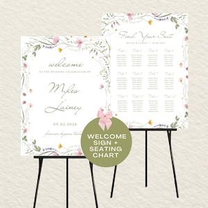 Placa de boas-vindas floral em tons pastel para casamento, placa romântica com mapa de assentos botânicos para recepção, pacote de downloads de placas de boas-vindas em Canva com tema de jardim francês atemporal.