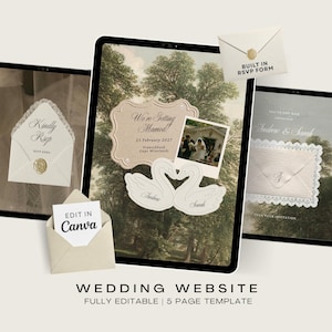May include: A digital wedding website template displayed on tablets, featuring a landscape background, a polaroid photo, and two white swan cutouts with the names Andrew and Sarah. Includes text elements like We're Getting Married, 23 February 2027, and RSVP forms.