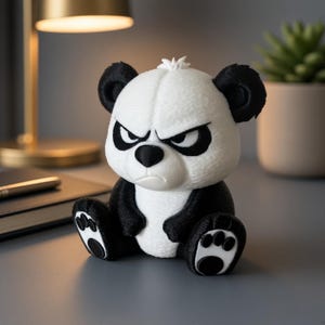 Könnte beinhalten: Eine kleine, sitzende Panda-Figur mit einer strukturierten weiß-schwarzen Oberfläche. Der Panda hat einen mürrischen Gesichtsausdruck mit zusammengekniffenen Augen, einer schwarzen Nase und abgerundeten Ohren. Die Pfoten haben schwarze Ballen auf weißem Grund.