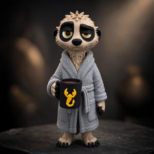 Könnte beinhalten: Eine Erdmännchen-Figur mit beigem Fell und dunklen Augenpartien, bekleidet mit einem strukturierten grauen Bademantel. Das Erdmännchen hält eine schwarze Tasse mit einem gelben Skorpion-Motiv. Die Figur hat einen müden Gesichtsausdruck.