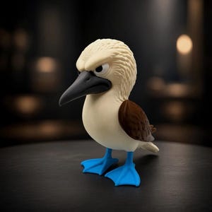 Peut inclure: Une petite figurine d'oiseau fou à pieds bleus avec une tête et un corps couleur crème, des ailes brun foncé et des pattes palmées bleu vif. L'oiseau a un bec noir pointu et une expression faciale sévère avec des sourcils froncés.