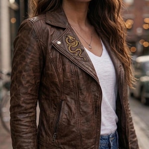 Vintage Leather Jacket Brown for Women Lambskin Handmade Moto Biker Fitted Moto Style