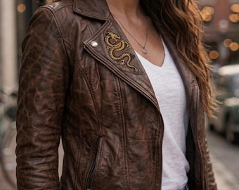 Veste en cuir pour femme, marron, en agneau, faite main, style motard.