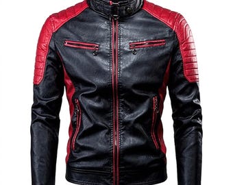 Men's Fashion Faux Leather Jacket - Stylish Black & Red Slim Fit Motorbike Design