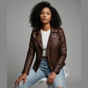Vintage Leather Jacket Brown for Women Lambskin Handmade Moto Biker Fitted Moto Style