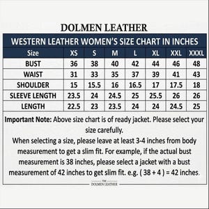 Peut inclure: Un tableau des tailles pour vestes Dolmen Leather avec des mesures en pouces pour les tailles XS &agrave; XXXL, incluant buste, taille, &eacute;paules, longueur de manche et longueur totale. Le texte conseille de choisir la taille pour une coupe ajust&eacute;e.