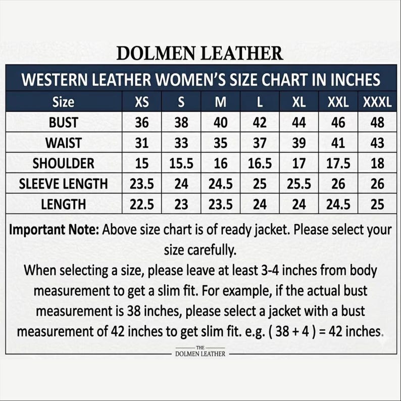Peut inclure: Un tableau des tailles pour vestes Dolmen Leather avec des mesures en pouces pour les tailles XS &agrave; XXXL, incluant buste, taille, &eacute;paules, longueur de manche et longueur totale. Le texte conseille de choisir la taille pour une coupe ajust&eacute;e.