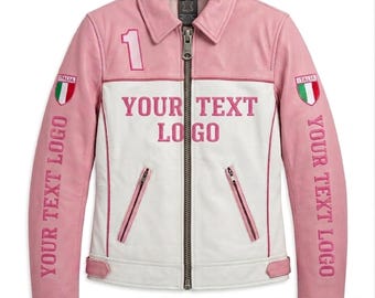 Blouson de motard en cuir rose pour femme, véritable manteau de moto personnalisable, coupe ajustée