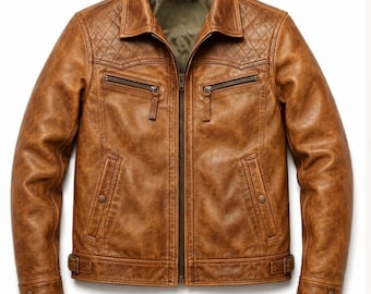 Handmade Sheepskin Leather Cafe Racer Jacket – Men’s Tan Brown Biker Coat Slim Fit