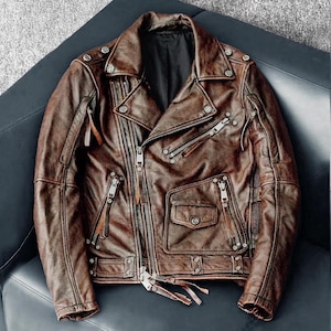 Men Distressed Handmade Brown Biker Leather Jacket Motorcycle Zipper Multi Pockets Genuine Jackets