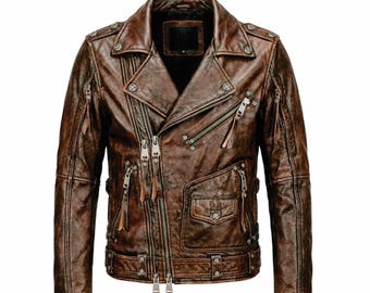 Veste de motard en cuir de vachette faite main pour homme, style vintage, manteau en cuir véritable, coupe ajustée, vêtement d'extérieur