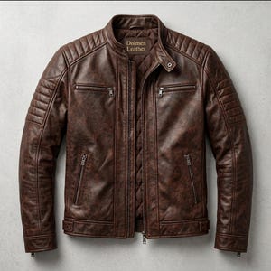 Men's brown leather jacket with quilted shoulder details and zipper pockets