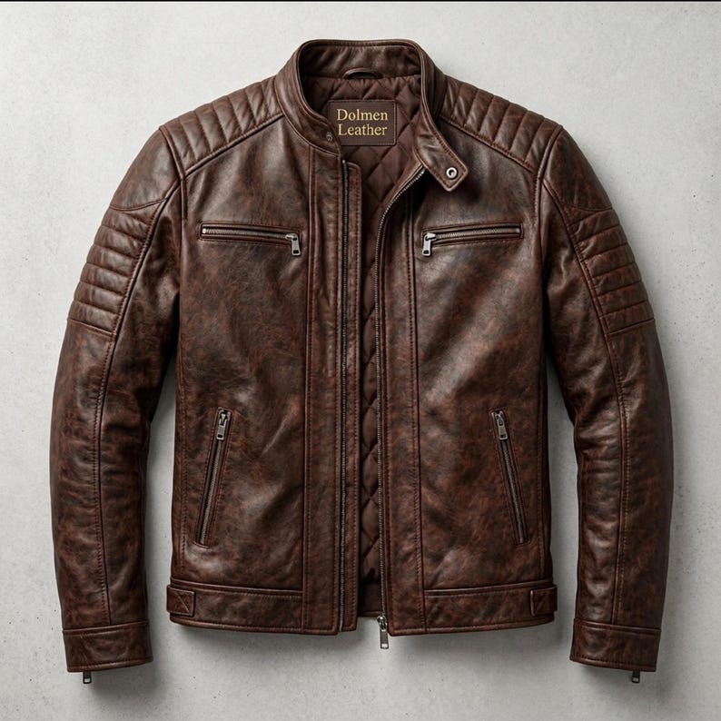 Men's brown leather jacket with quilted shoulder details and zipper pockets