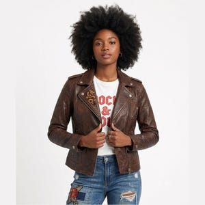 Vintage Leather Jacket Brown for Women Lambskin Handmade Moto Biker Fitted Moto Style